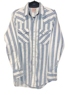 Vintage Saddle King Western Pearl Snap Shirt Blue Stripe L Workwear Cowboy